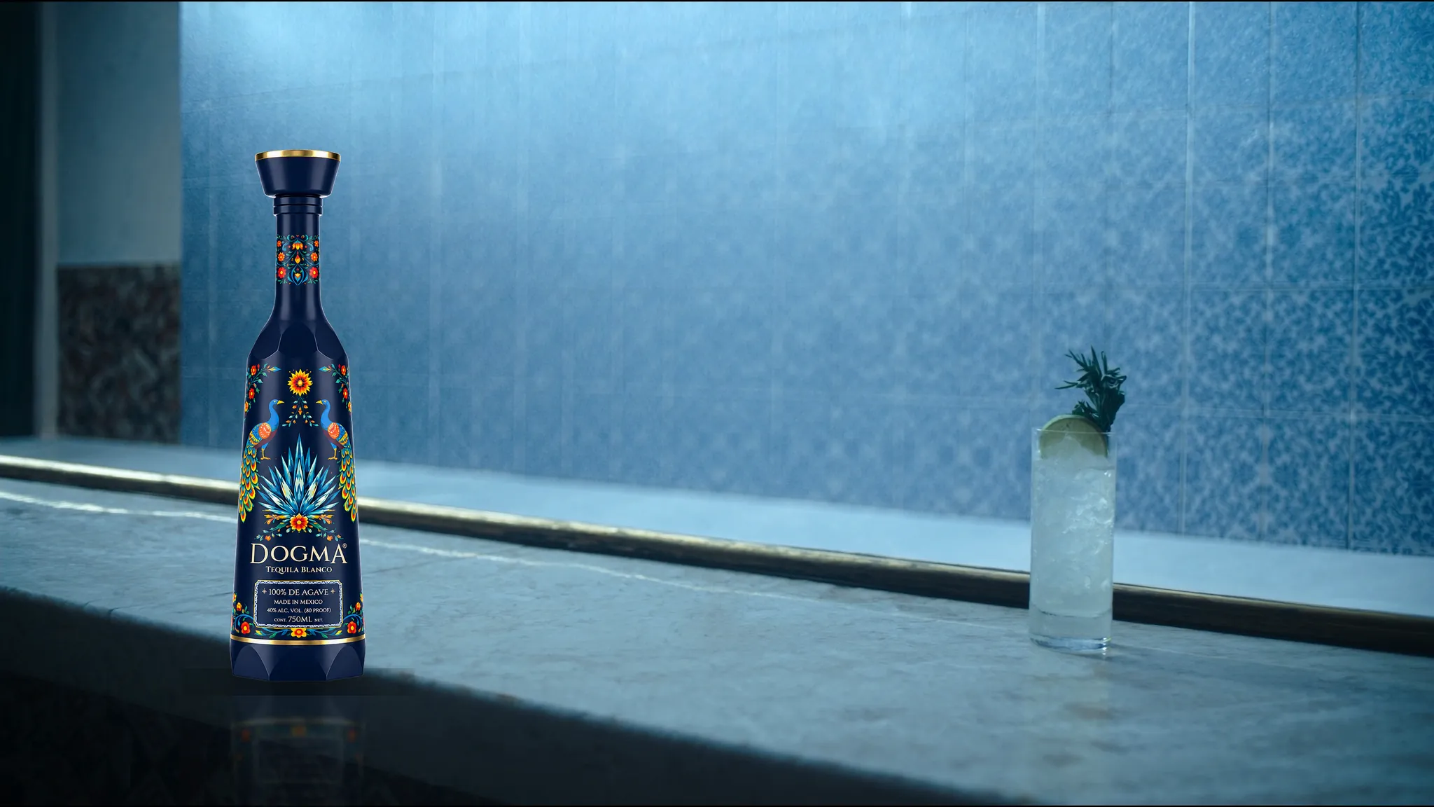 DOGMA Blanco beside a sparkling agave highball on a bright bar