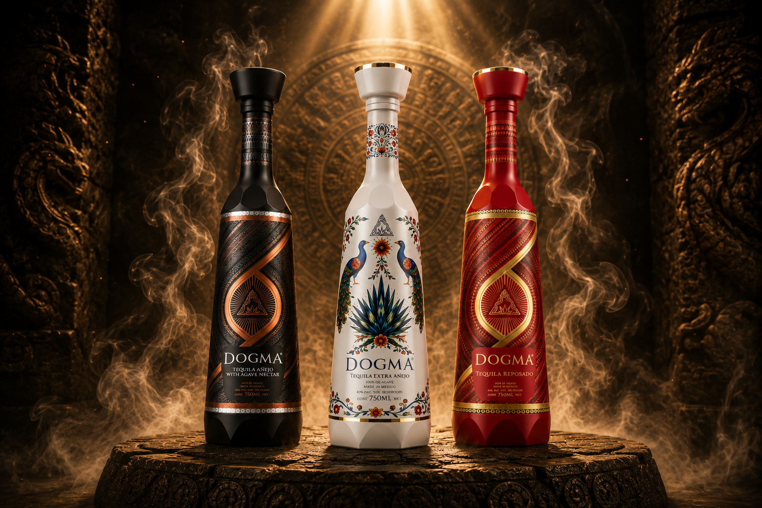 DOGMA Tequila Collection — Añejo, Extra Añejo, and Reposado bottles