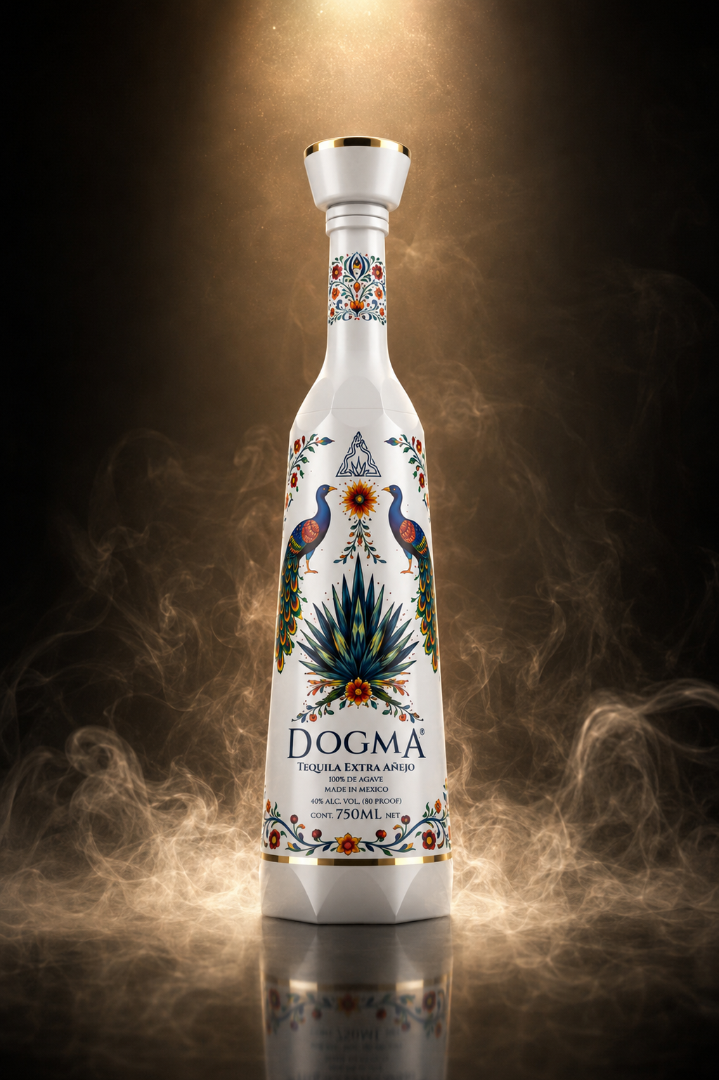 Dogma Extra Añejo — white bottle with colorful Mexican folk art