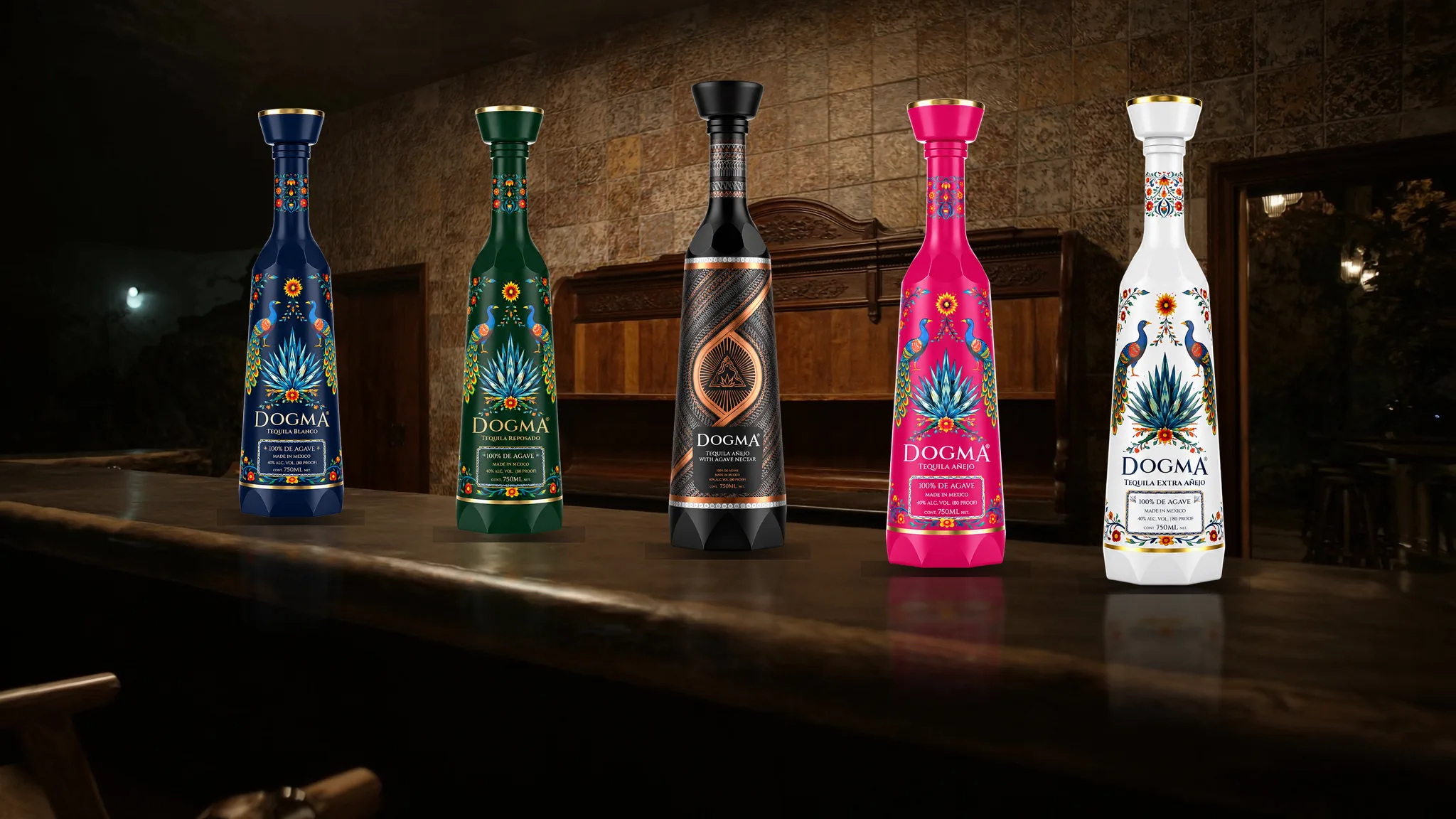 The five DOGMA expressions together — Blanco, Reposado, Signature, Añejo and Extra Añejo