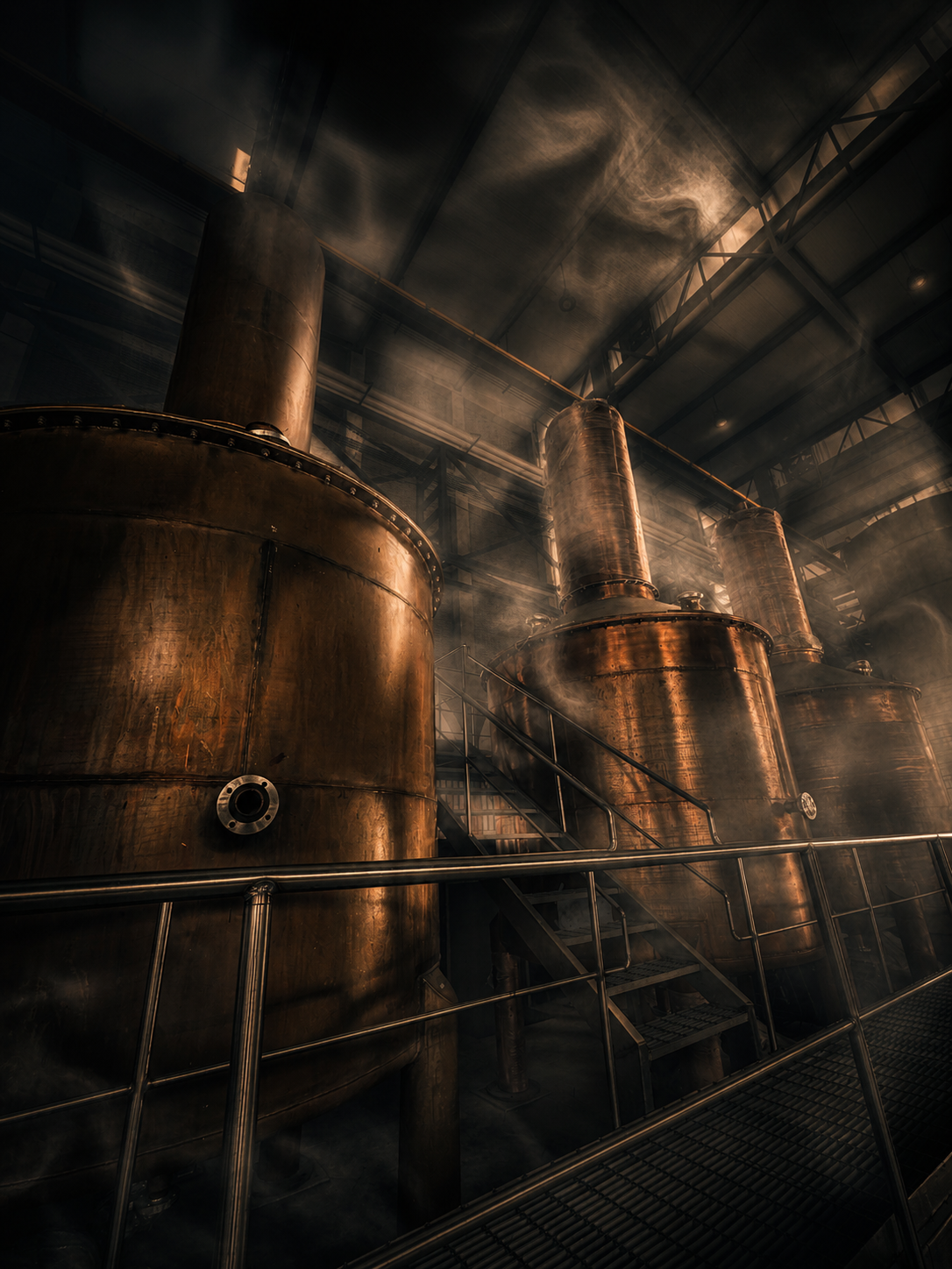 DOGMA distillery copper pot stills with steam