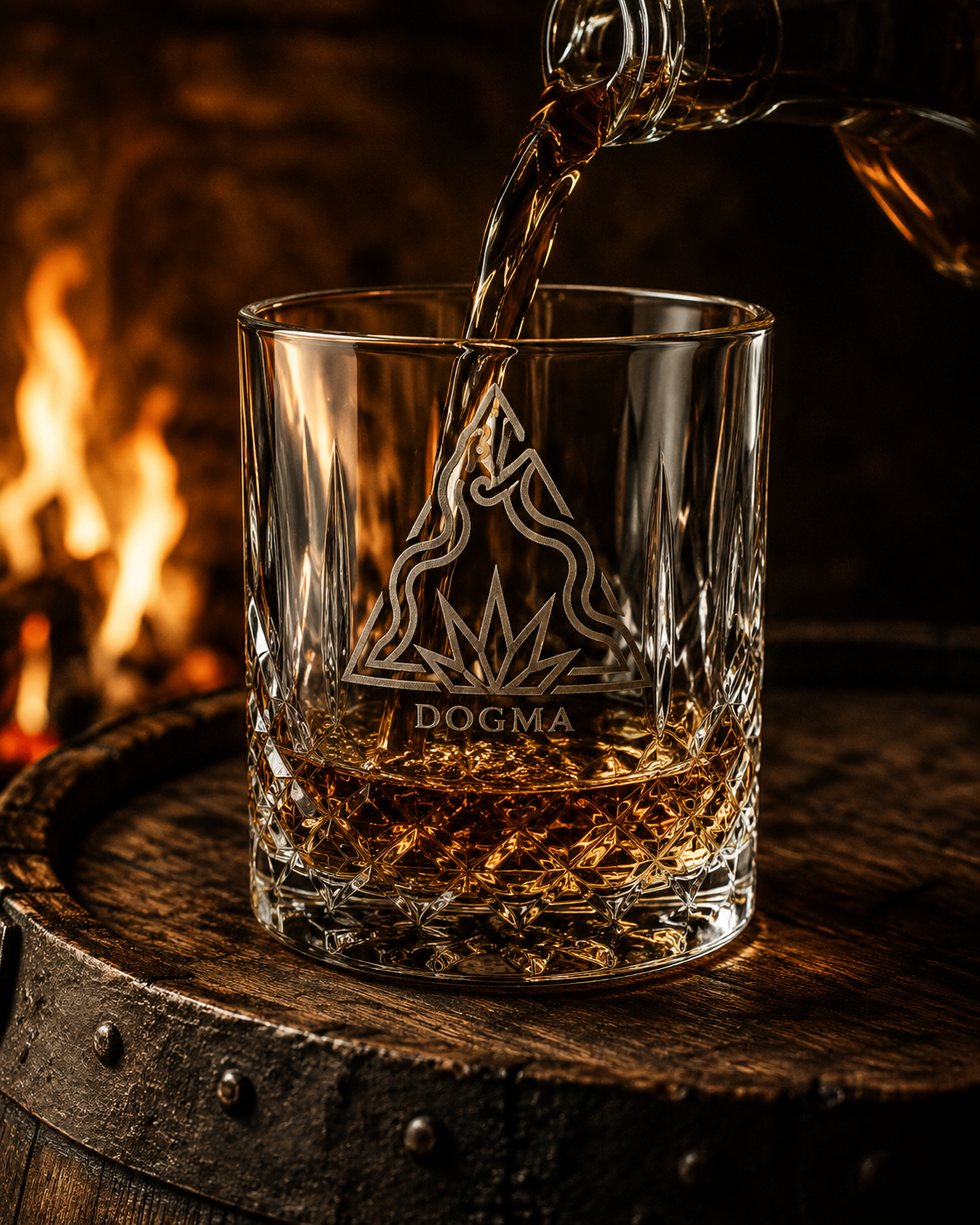 DOGMA Tequila being poured into an engraved crystal glass before a fireplace