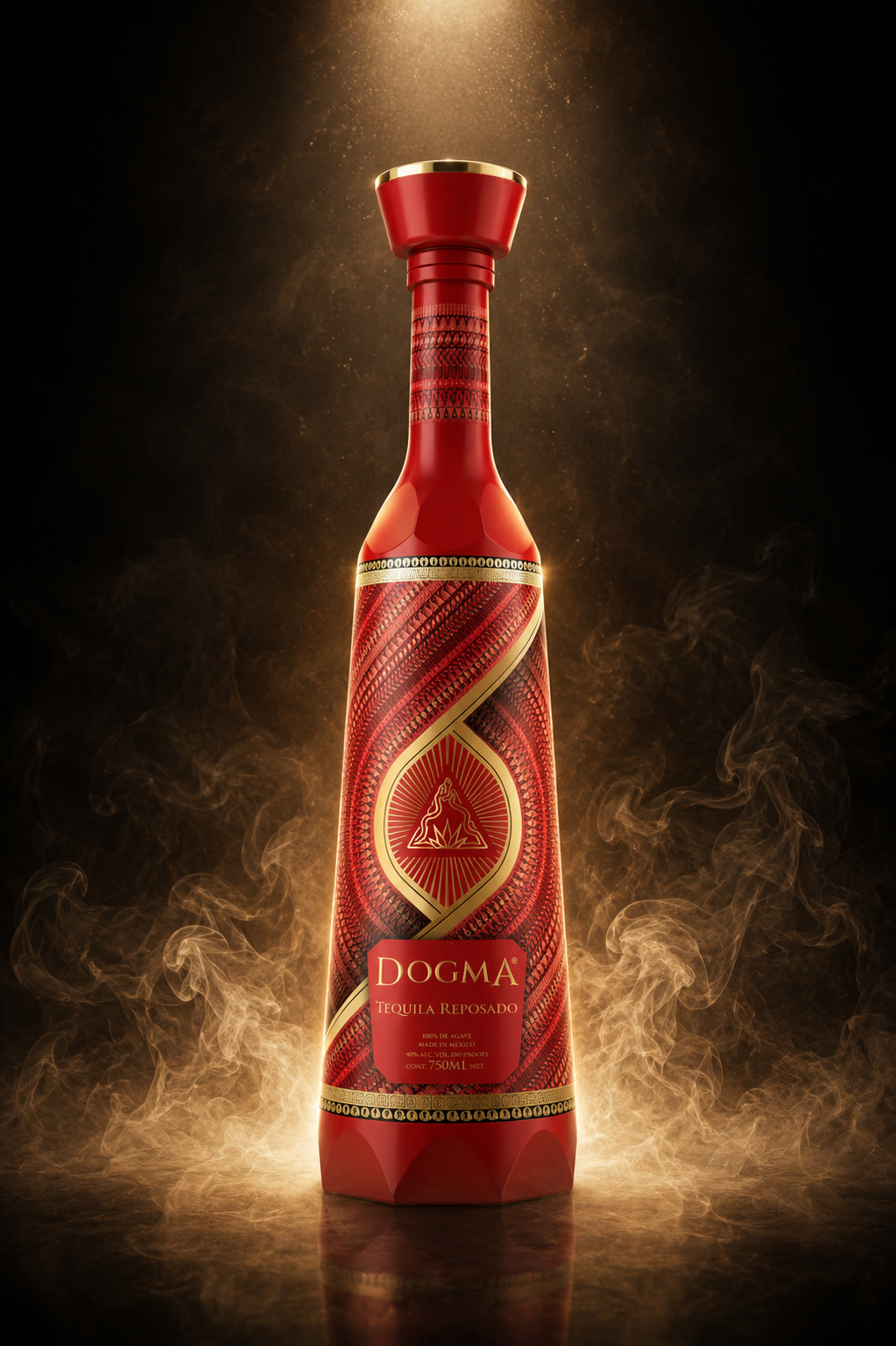 Dogma Reposado — deep red sculptural bottle with gold accents