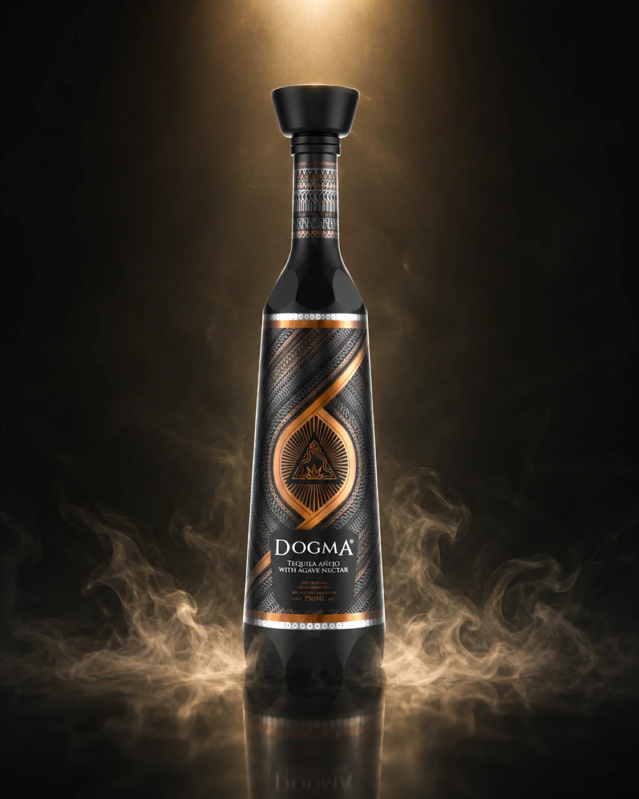 DOGMA Signature — Añejo with Agave Syrup, in smoke and warm backlight