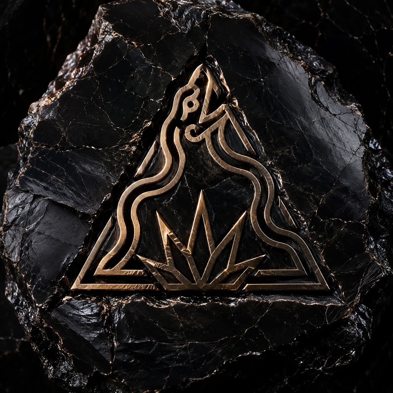 DOGMA gold emblem engraved on obsidian stone
